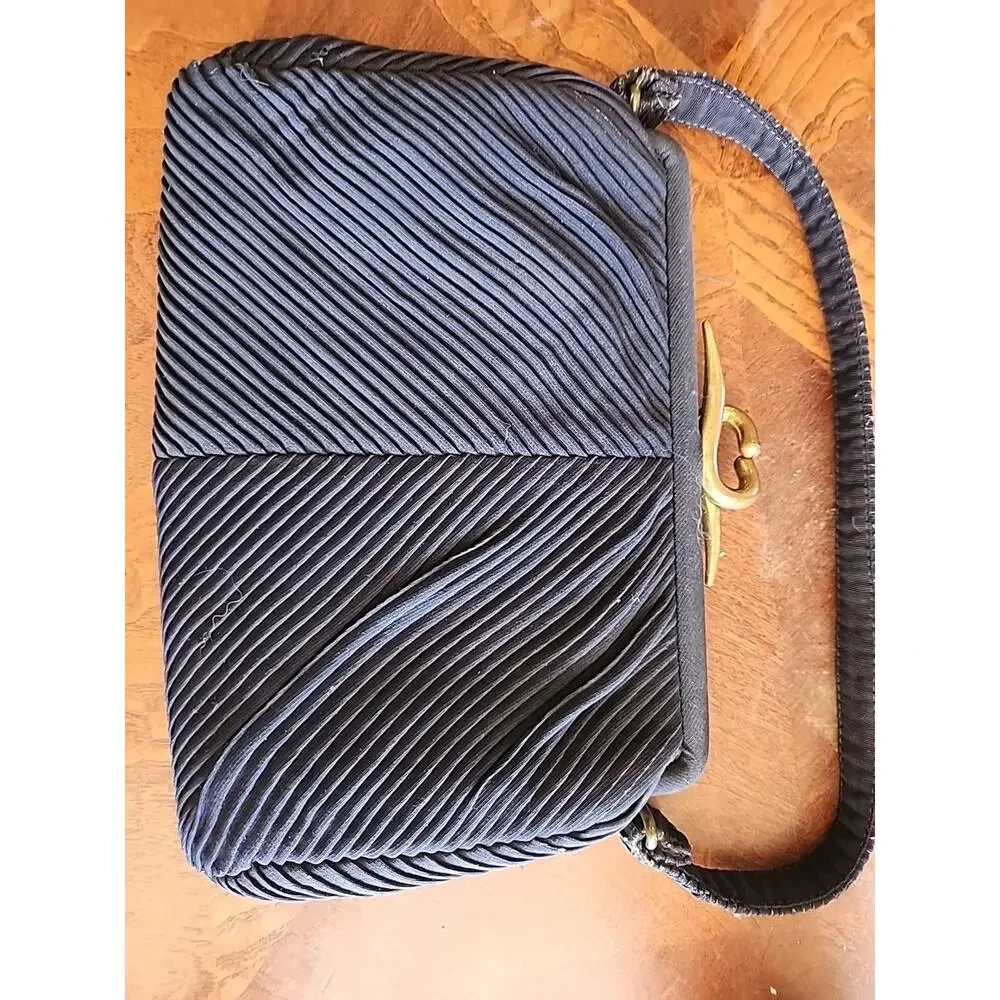 1940s Pleated Navy Blue Hand Bag, Purse, Evening Bag